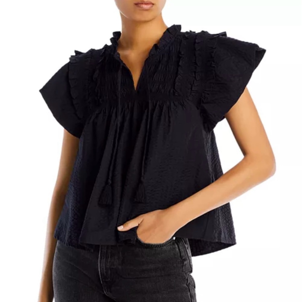 Sea New York Sevyn Seersucker Top Sz XS Black Cap Sleeve Smocking Tassel